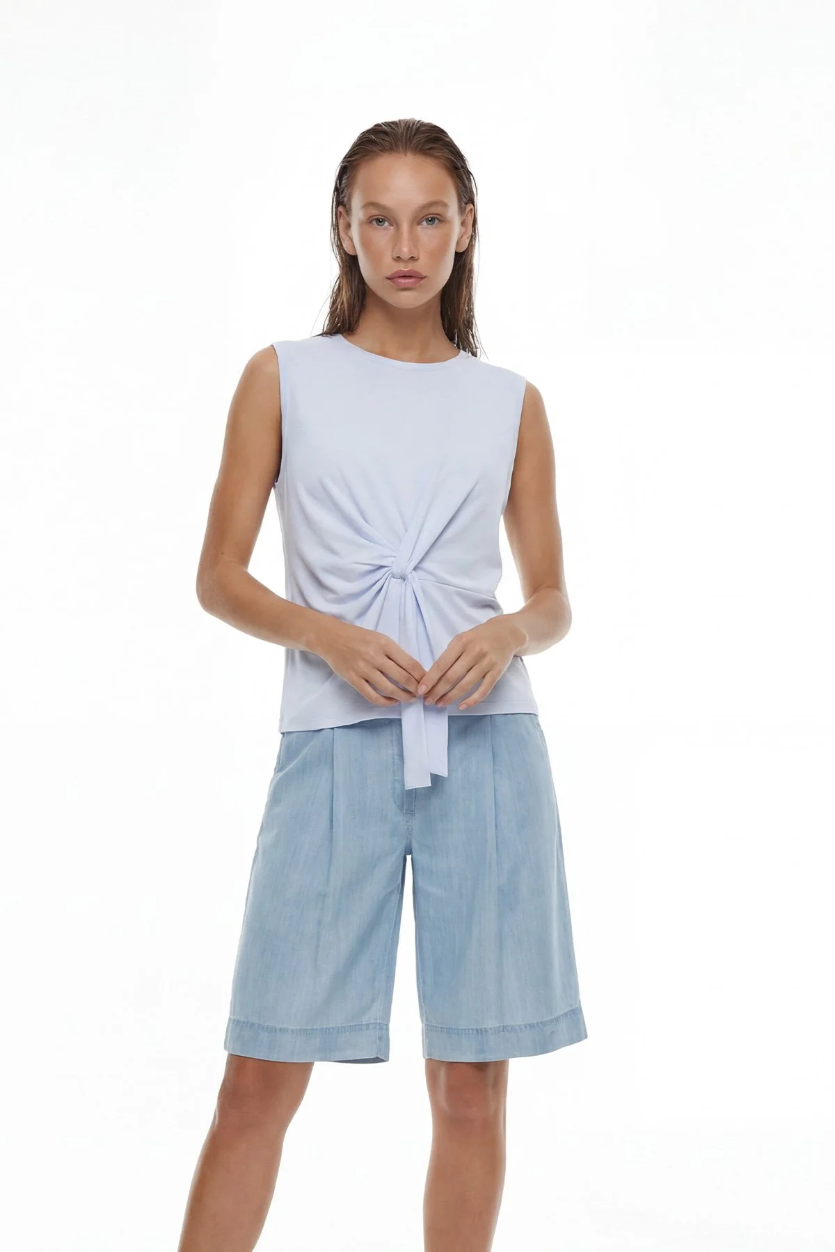 Düğüm Grünümlü Kolsuz T-shirt Mavi - 1