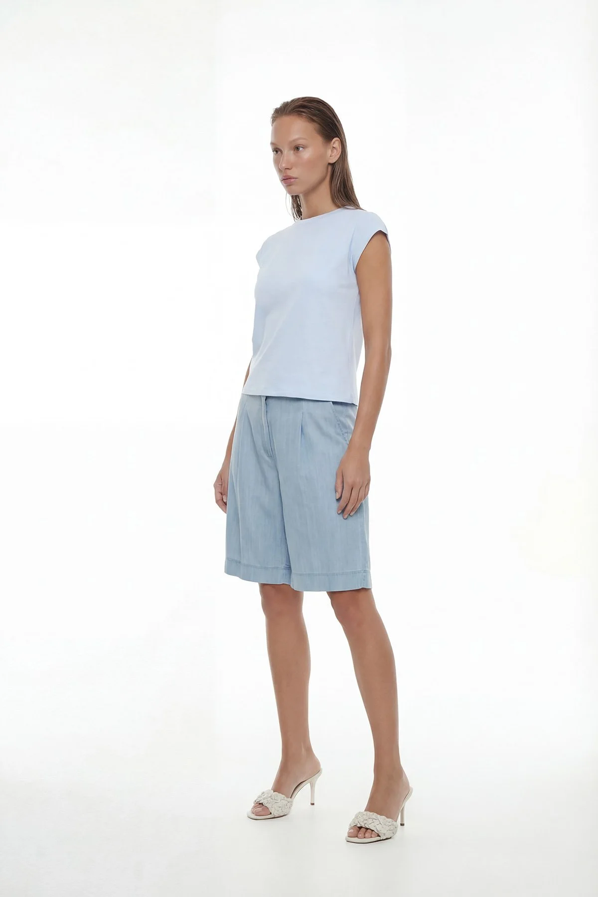 Düşük Omuzlu Bisiklet Yaka T-shirt Mavi - 4