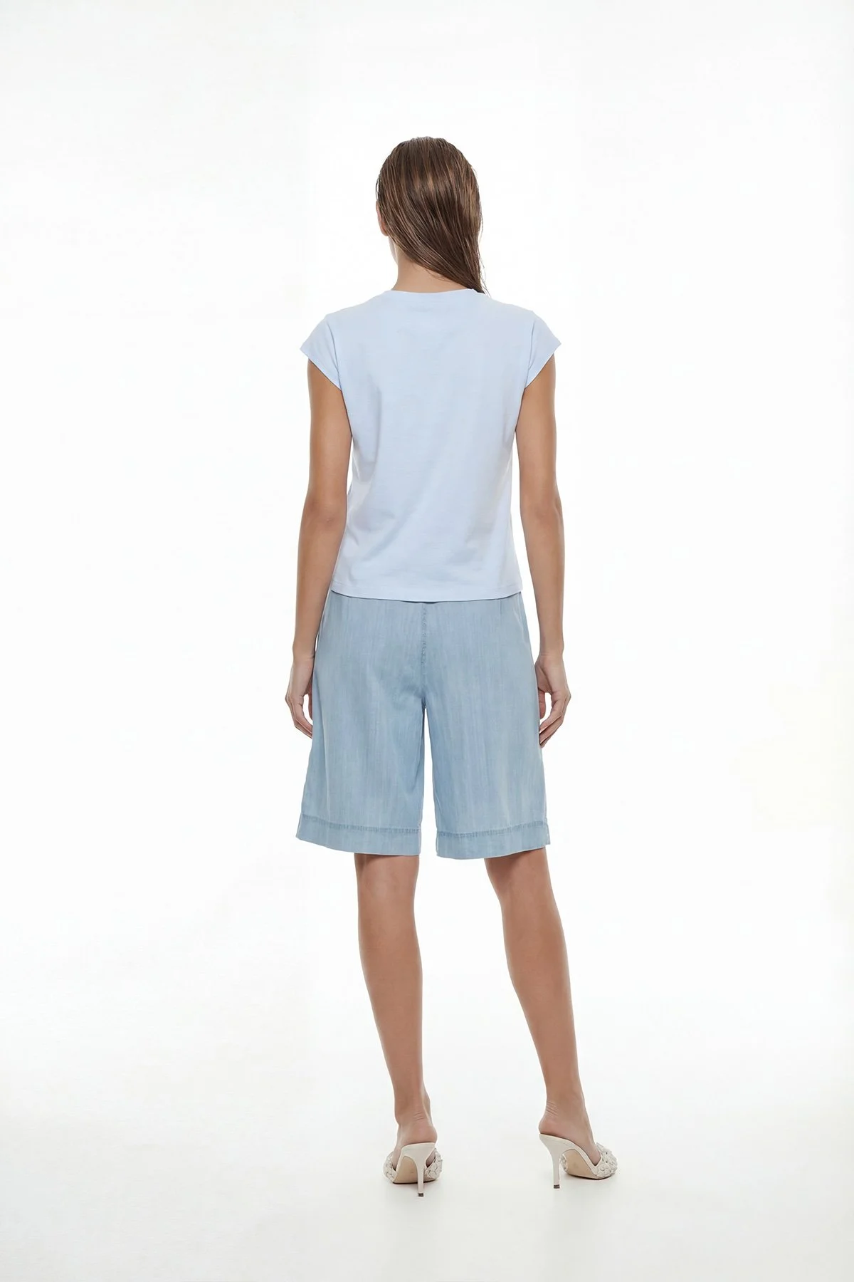 Düşük Omuzlu Bisiklet Yaka T-shirt Mavi - 2