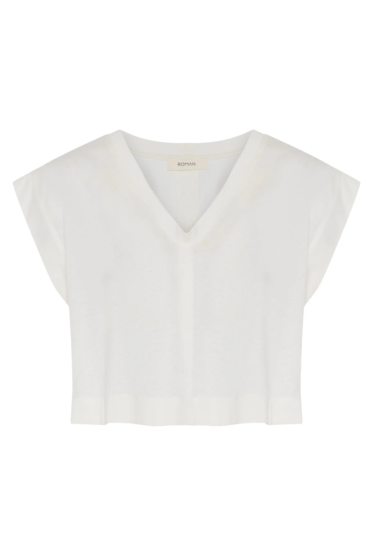 Düşük Omuzlu Crop T-Shirt Ekru - 3