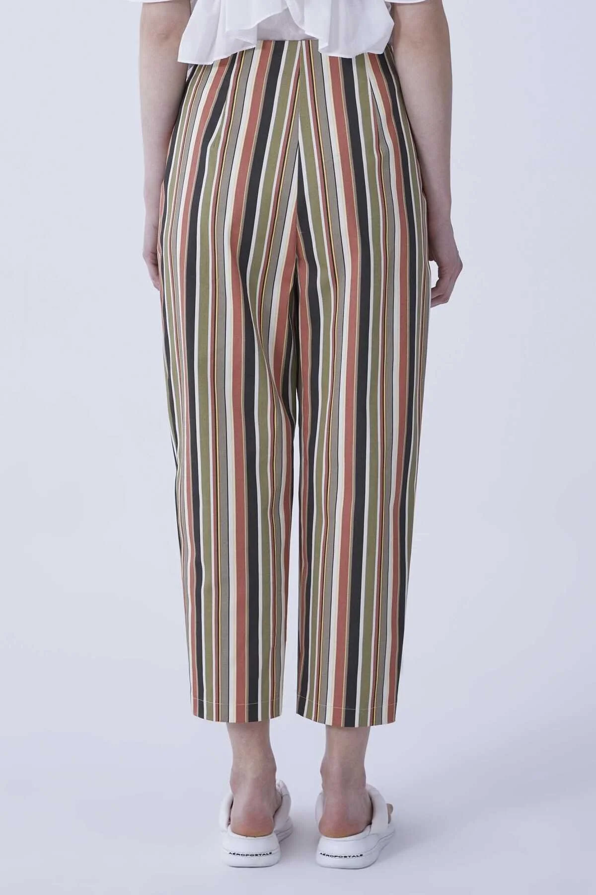 Düz Paça Çizgili Kadın Pantolon Kahve - 2