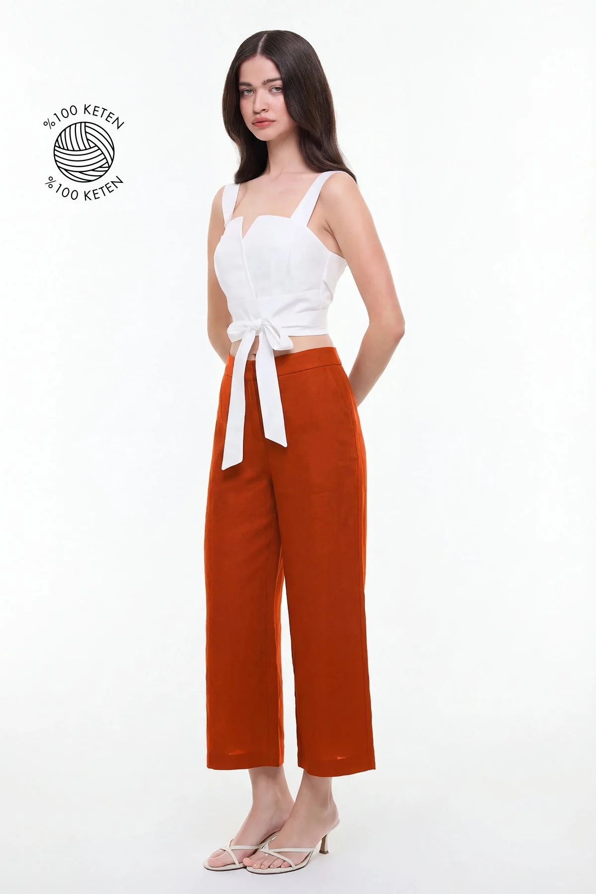 Düz Paça Keten Pantolon Kırmızı - 1
