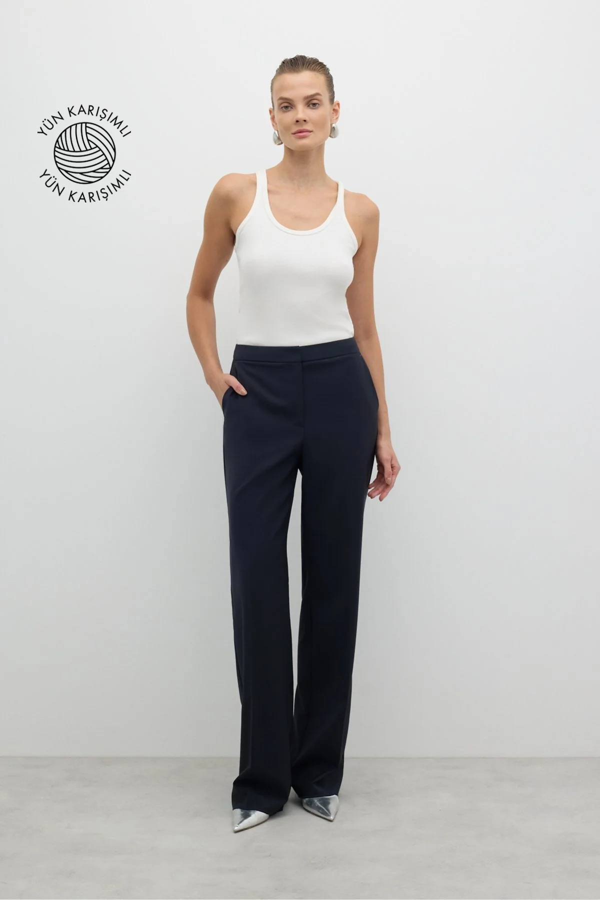 Düz Paça Yün Pantolon Lacivert - 1