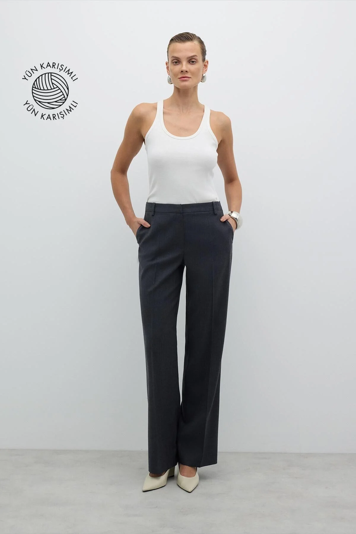 Düz Paça Yün Pantolon Koyu Gri - 1