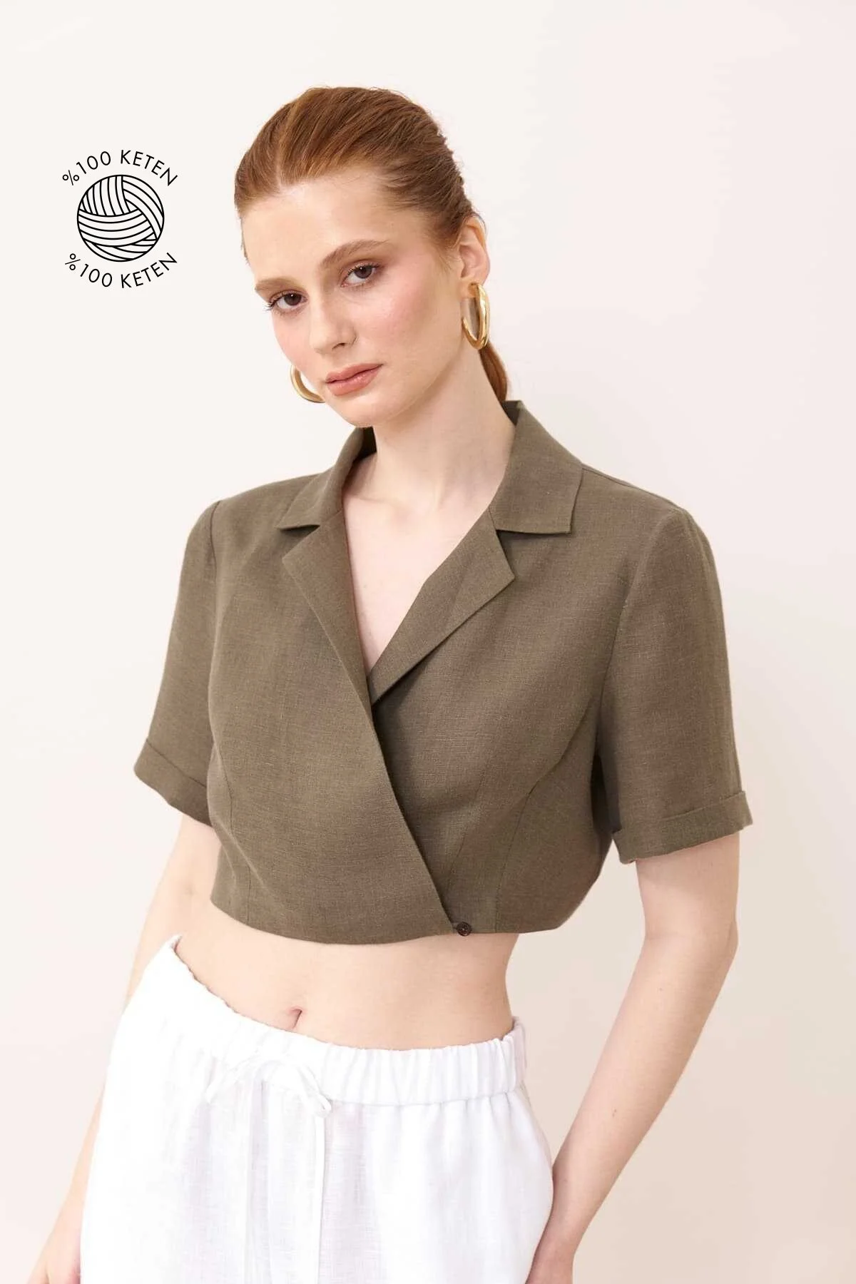 Erkek Yaka Kruvaze Keten Crop Haki - 1