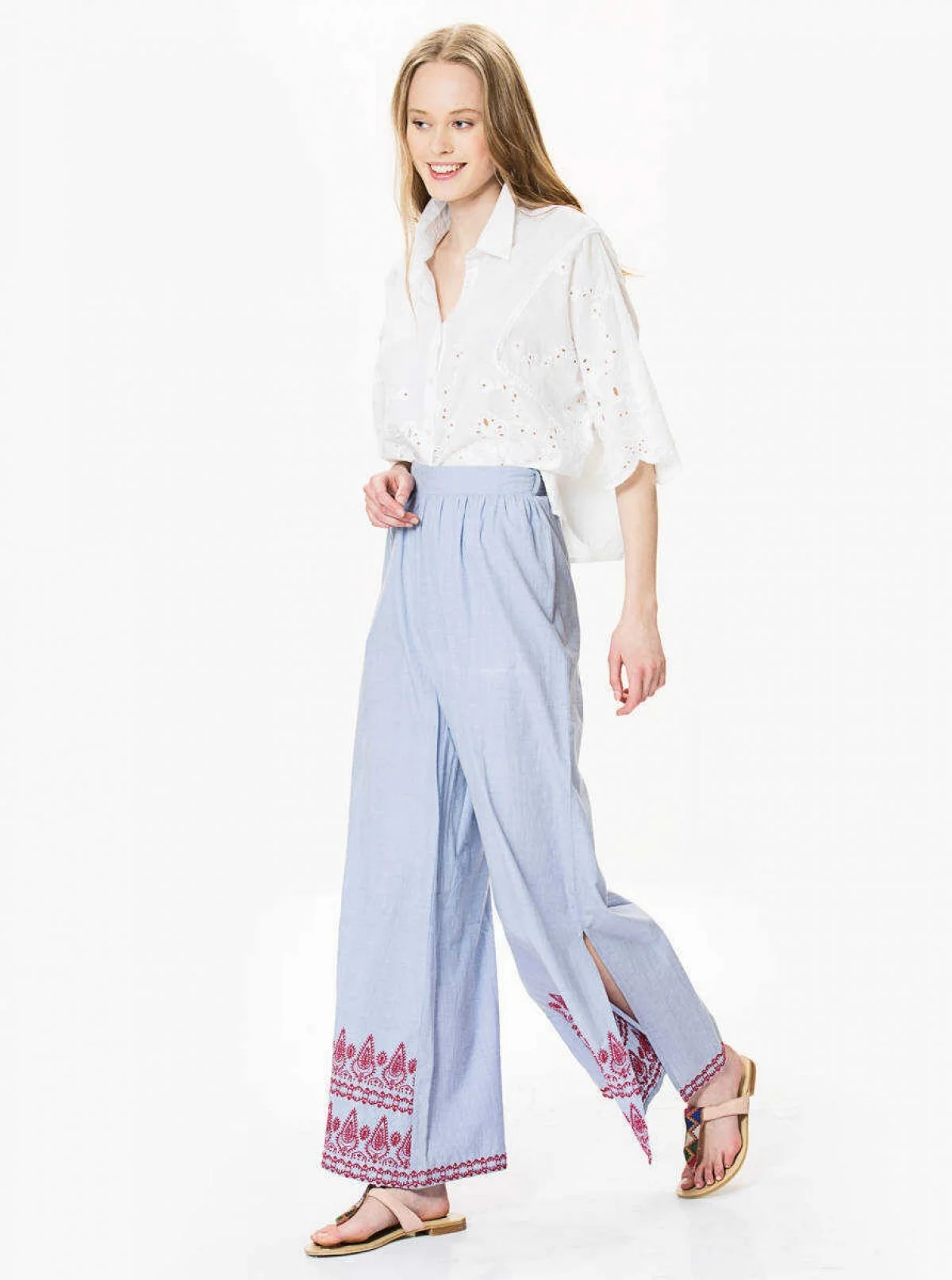 Etnik Desenli Bol Paça Pantolon Mavi - 3