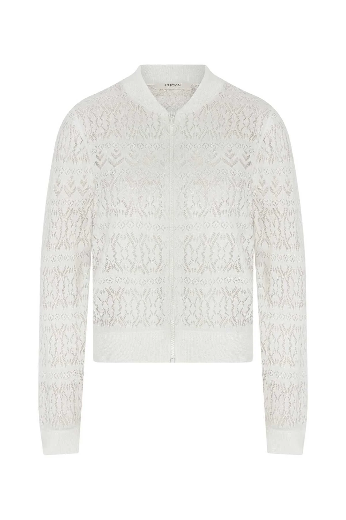 Fermuar Detaylı İşlemeli Triko Bomber Beyaz - 4