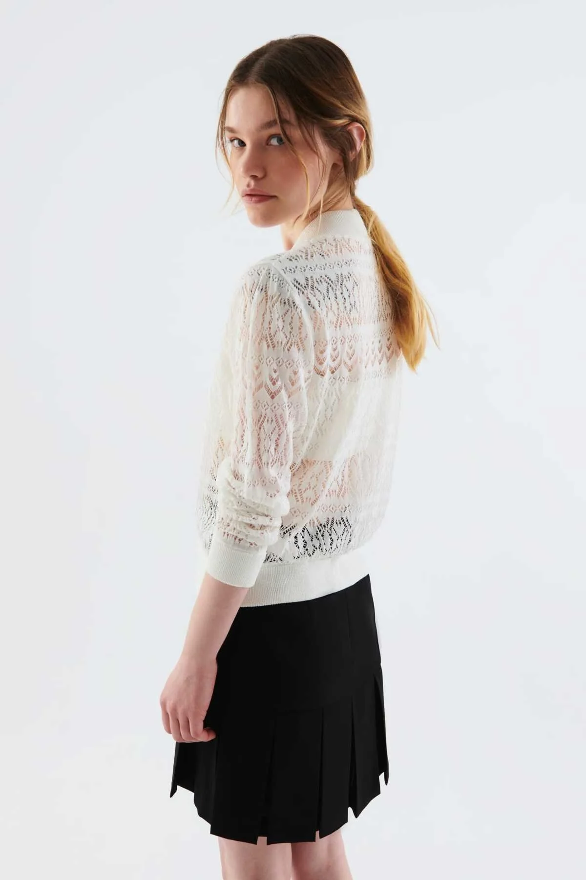 Fermuar Detaylı İşlemeli Triko Bomber Beyaz - 2