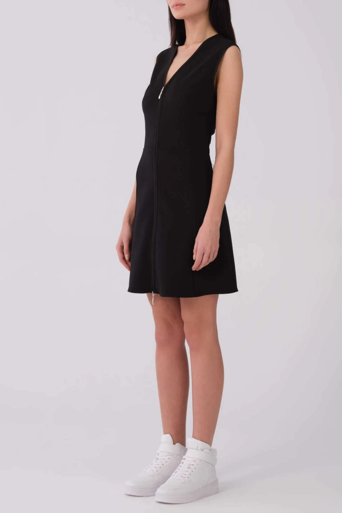 Fermuar Detaylı V Yaka Mini Elbise Siyah - 3