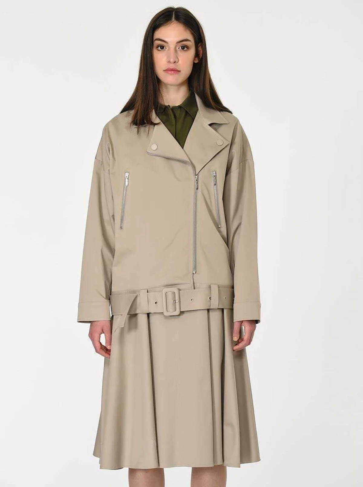 Fermuar Ve Kemerli Rengi Ceket Taş - 1