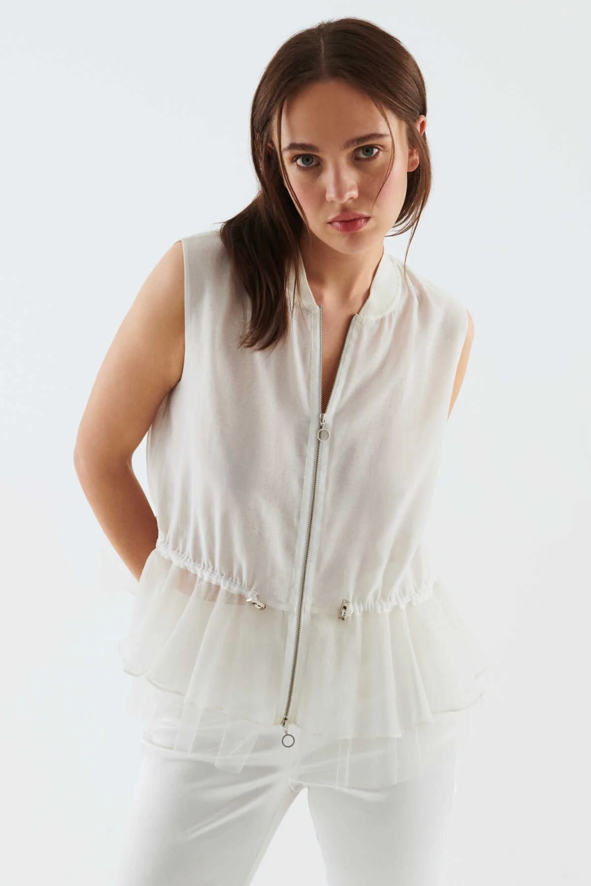 Fermuarlı Beli Lastikli Bluz Beyaz - 1