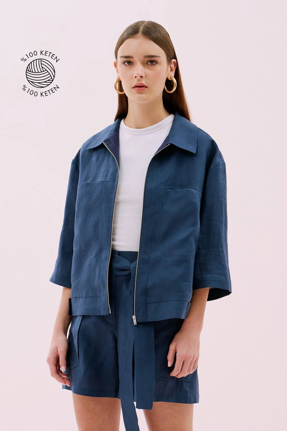 Fermuarlı Çift Cepli Truvakar Kol Keten Ceket Lacivert - 1