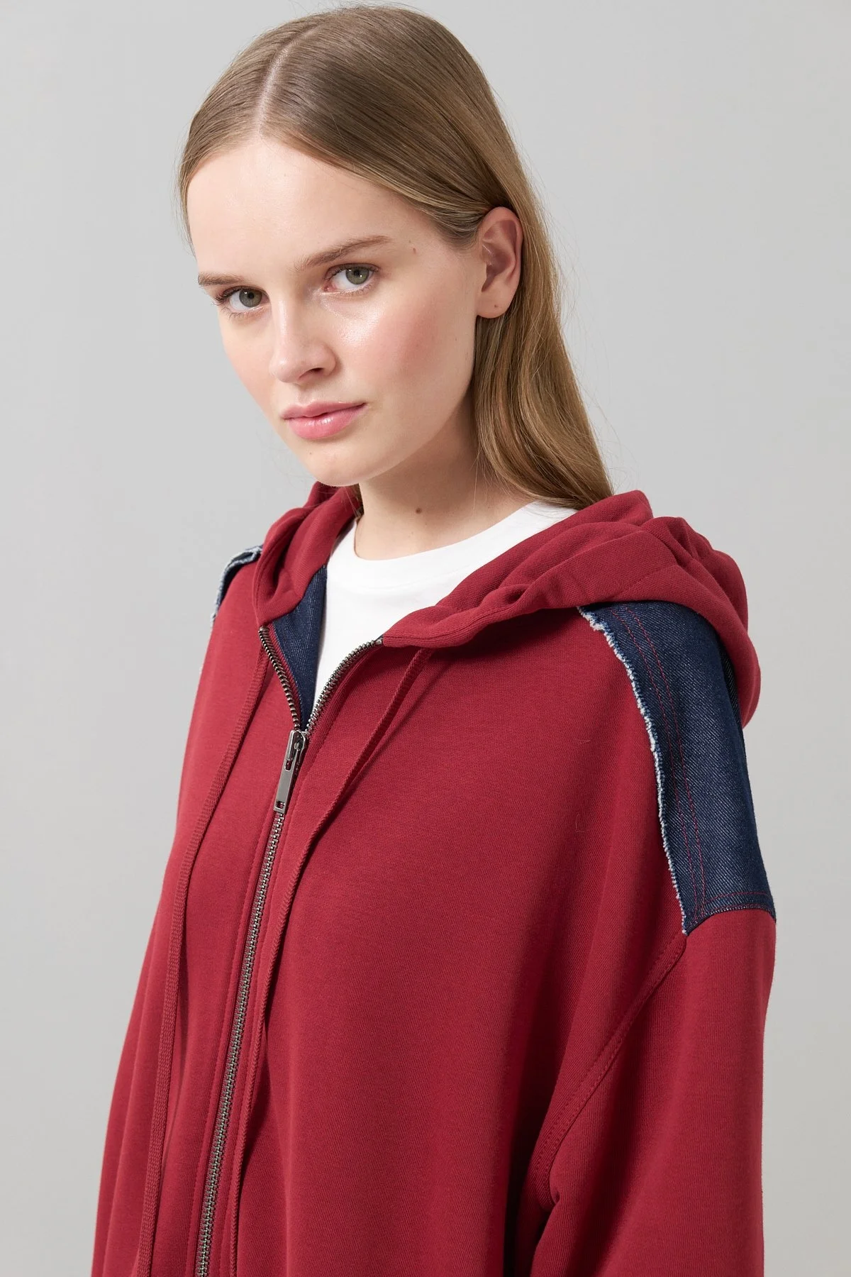 Fermuarlı Denim Sweatshirt Bordo - 3