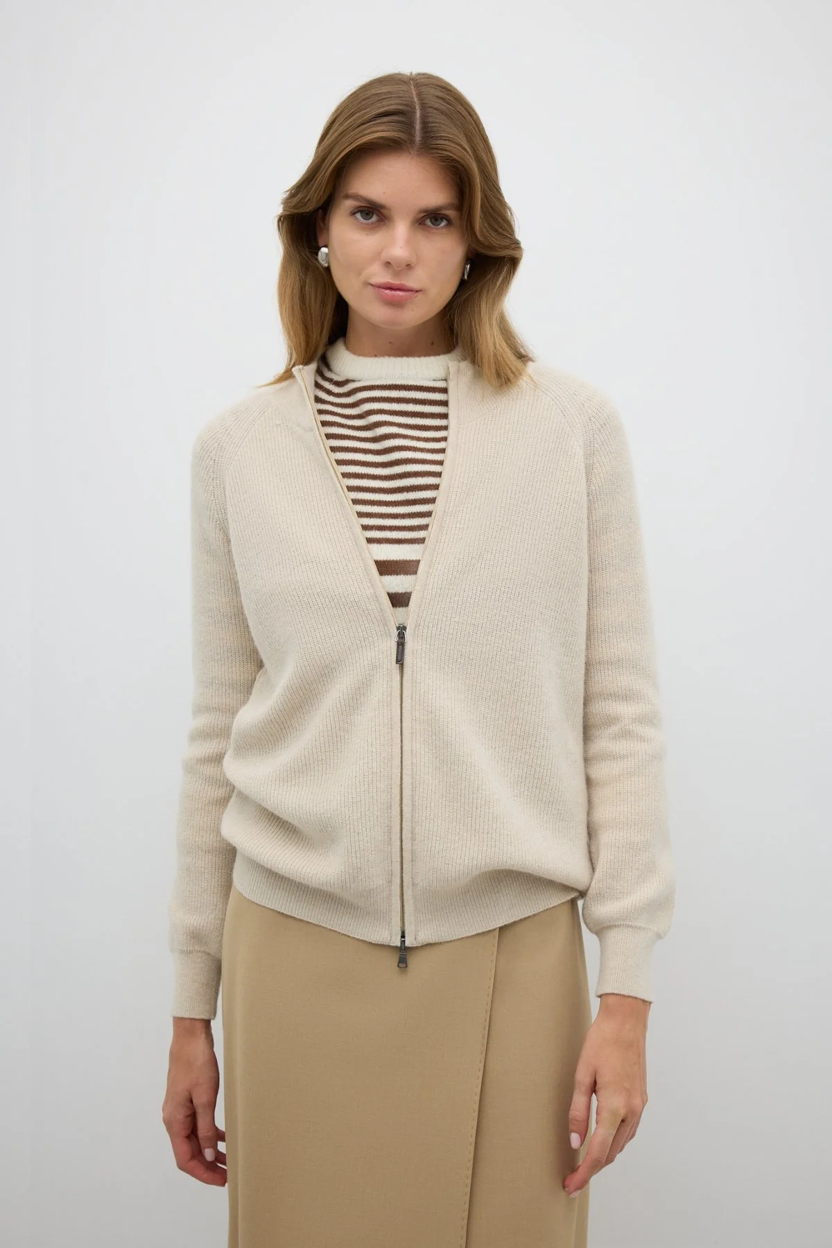 Fermuarlı Triko Hırka Bej - 1