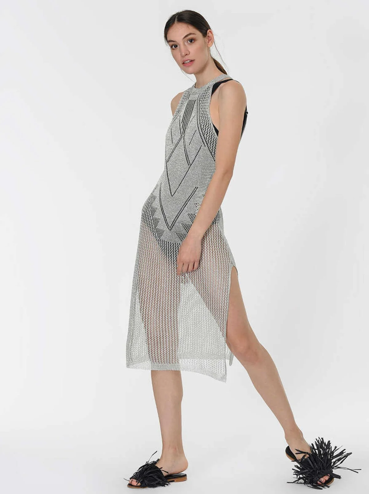 Fileli Triko Elbise Gümüş - 3