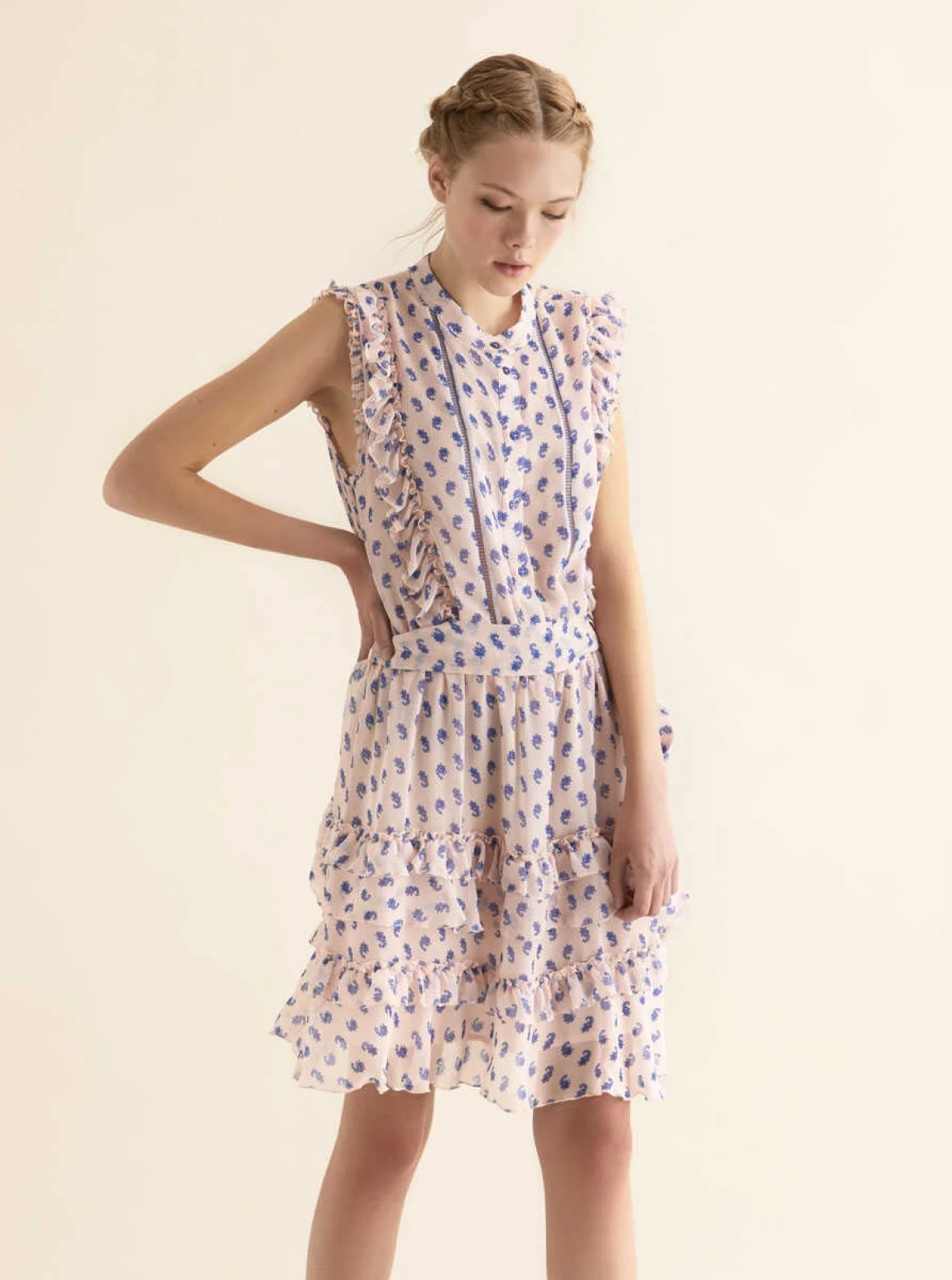 Fırfır Detaylı Desenli Günlük Elbise Pembe - 1