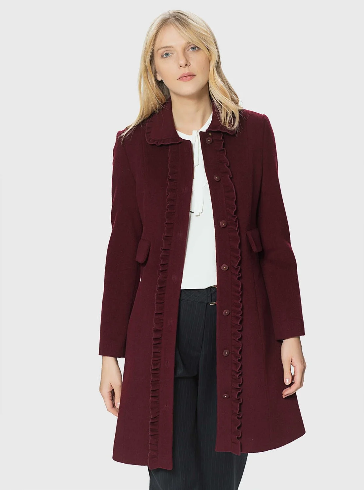  Fırfır Detaylı Kaban Bordo - 4