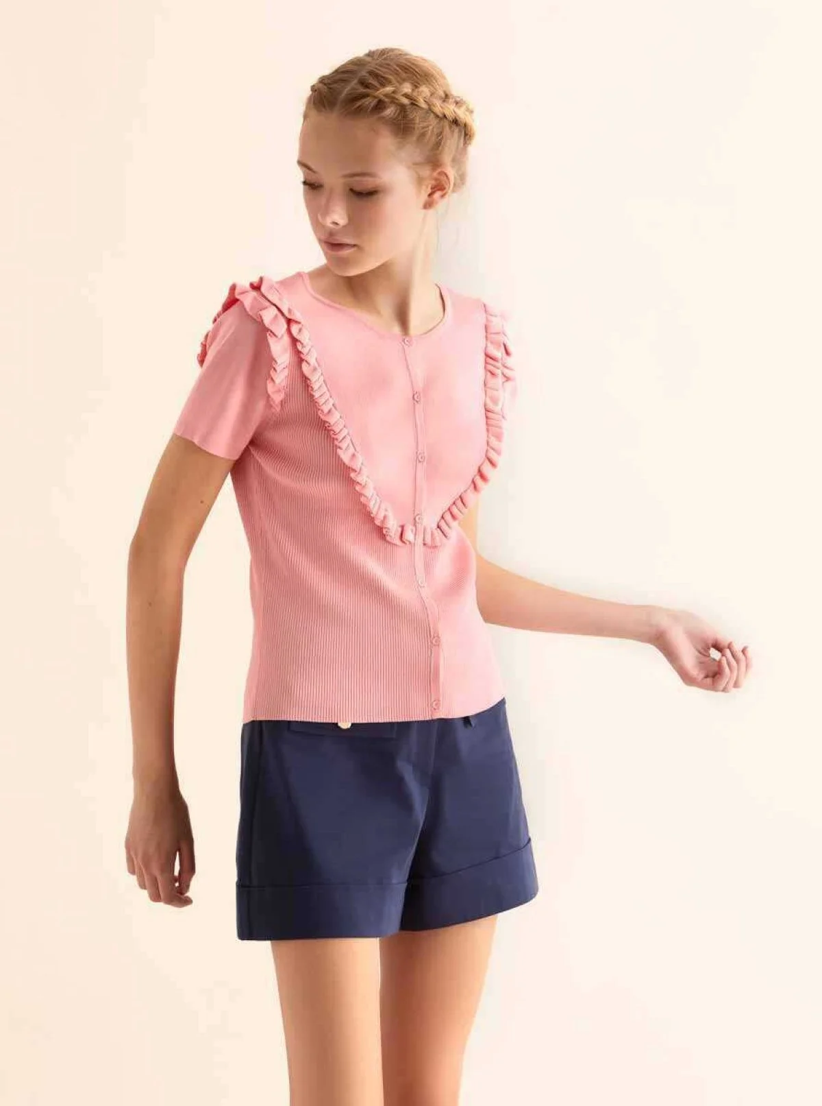 Fırfır Detaylı Yarım Kol Triko Pembe - 1