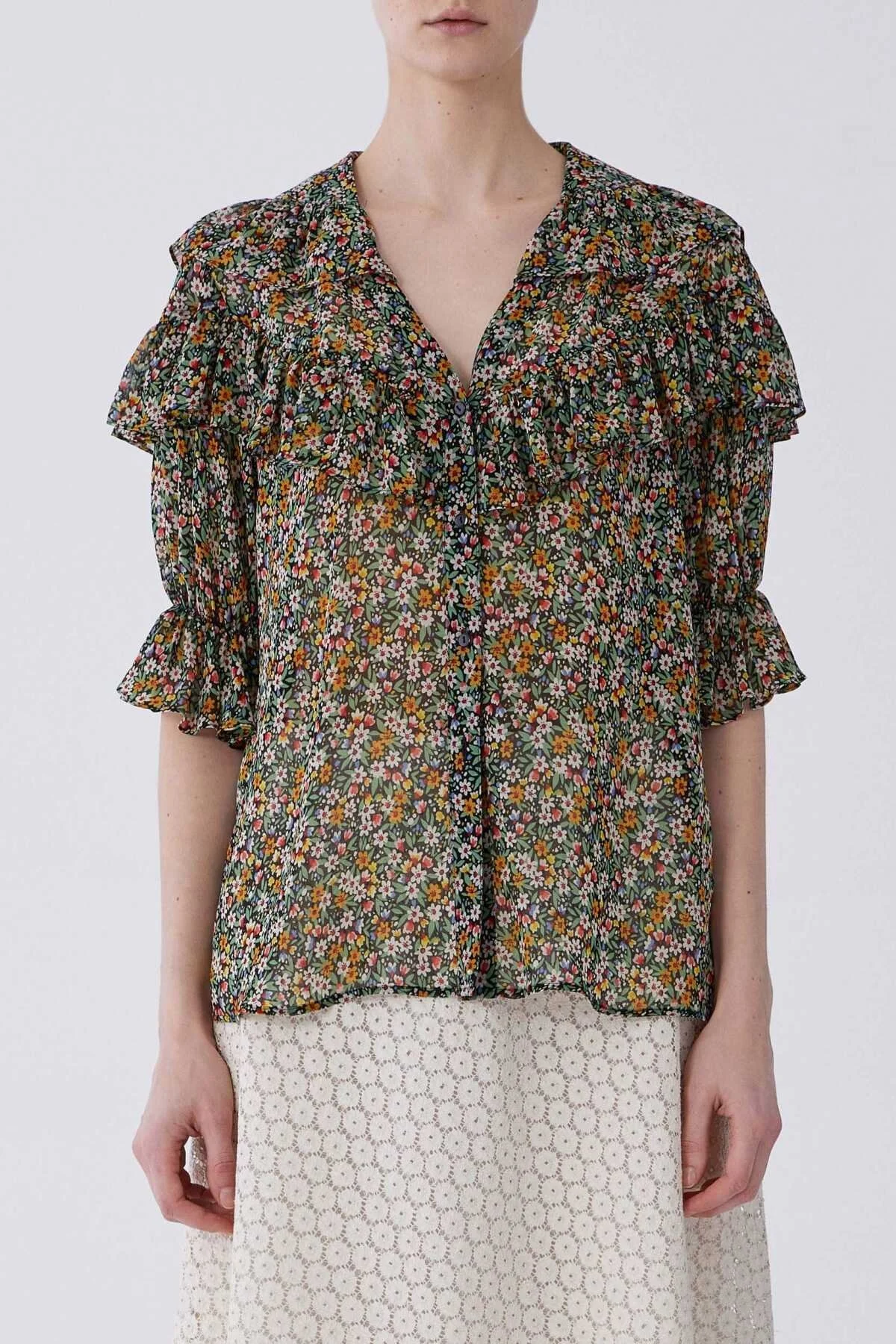 Fırfırlı Çiçek Desenli Kadın Gömlek Standart Renk - 1