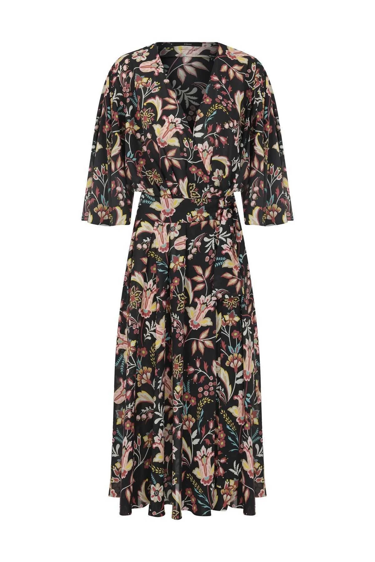  Floral Desenli Kruvaze Midi Boy Elbise Standart Renk - 1