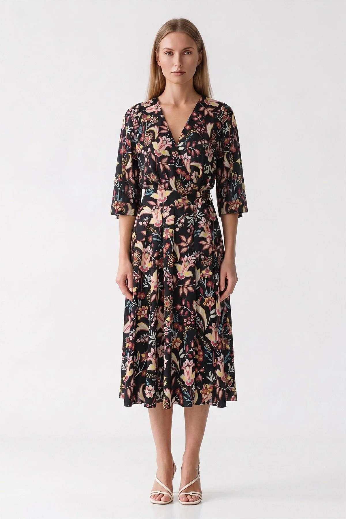  Floral Desenli Kruvaze Midi Boy Elbise Standart Renk - 1