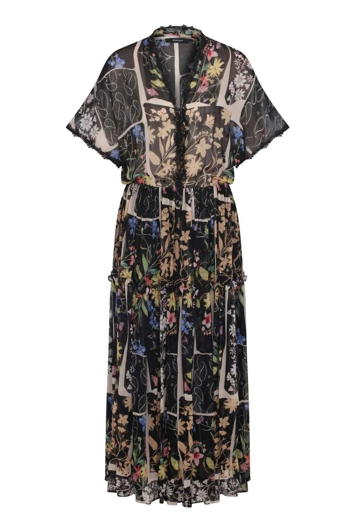  Floral Desenli V Yaka Şifon Elbise Standart Renk - 4