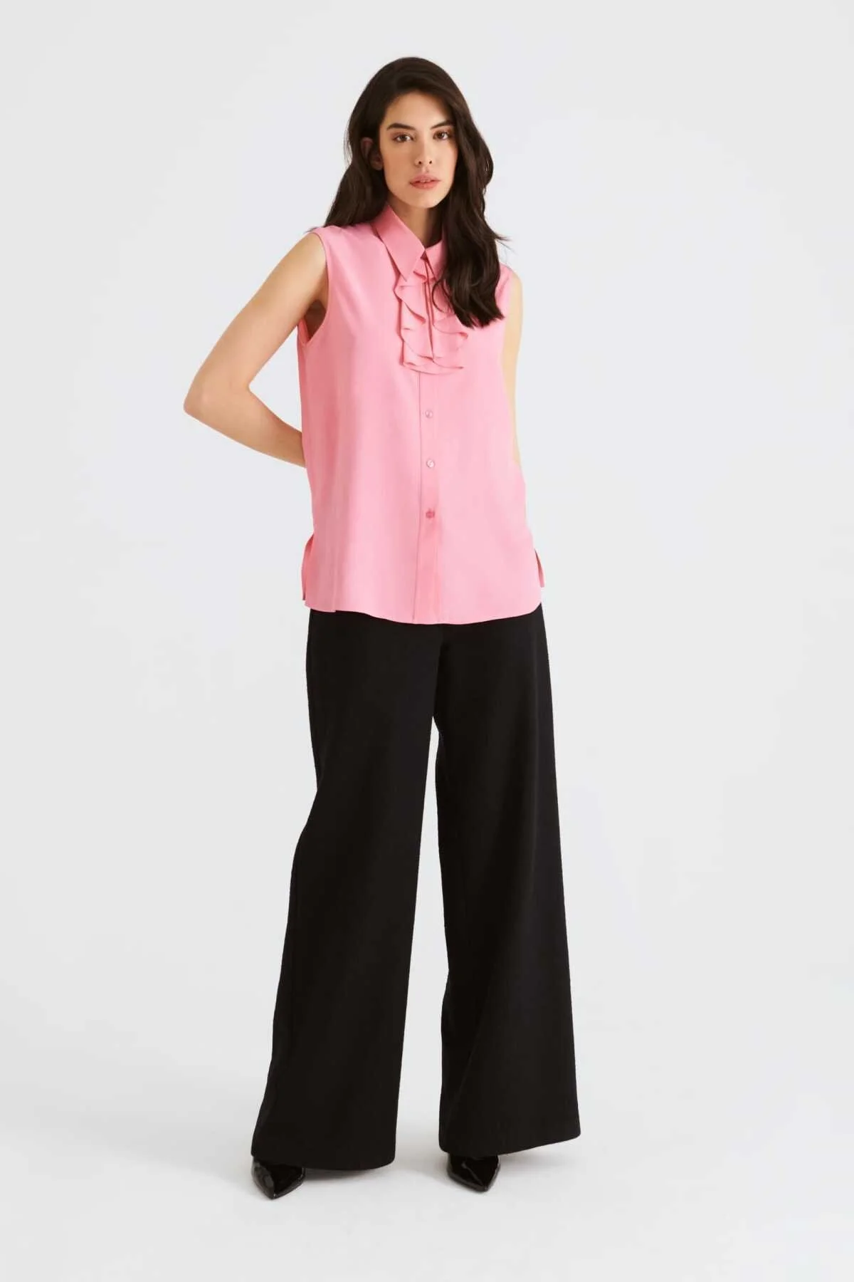 Fular Yakalı Kolsuz Kadın Gömlek Pembe - 1