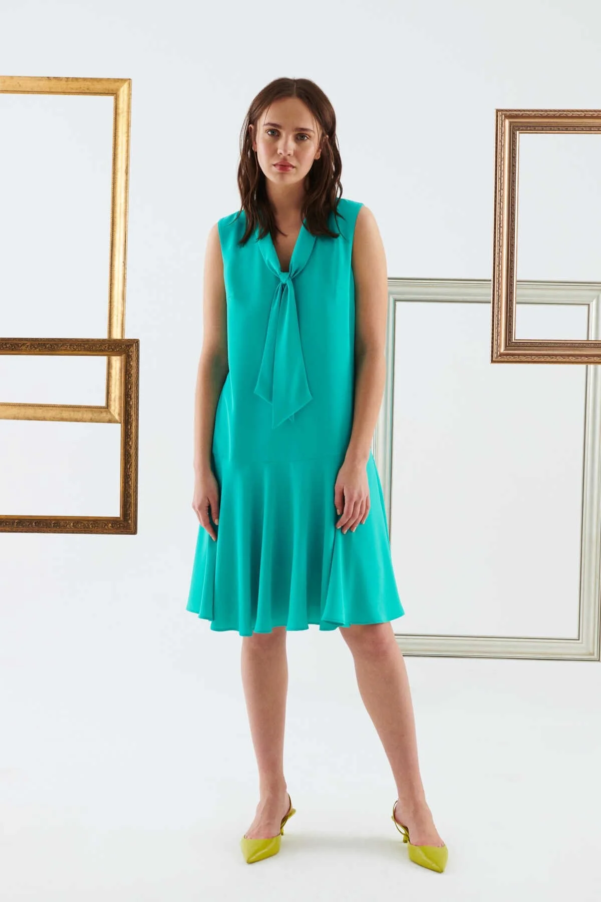 Fularlı Günlük Elbise Turkuaz - 1