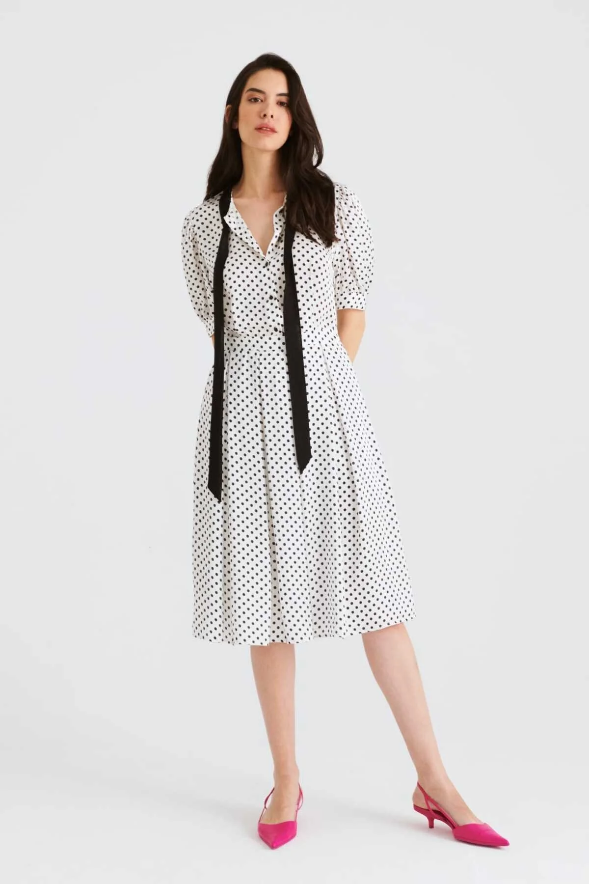 Fularlı Puantiyeli Midi Boy Elbise Standart Renk - 3