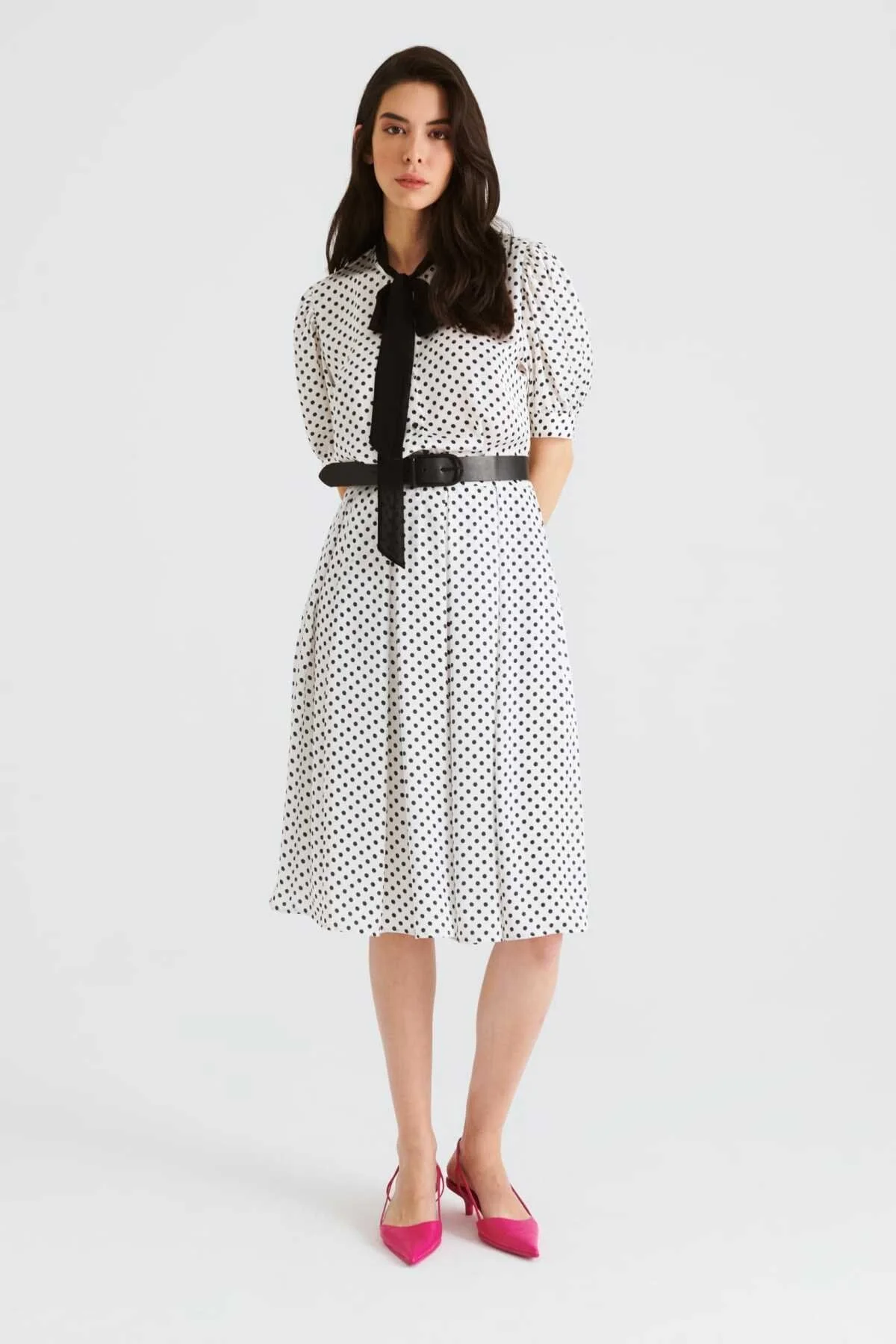 Fularlı Puantiyeli Midi Boy Elbise Standart Renk - 1