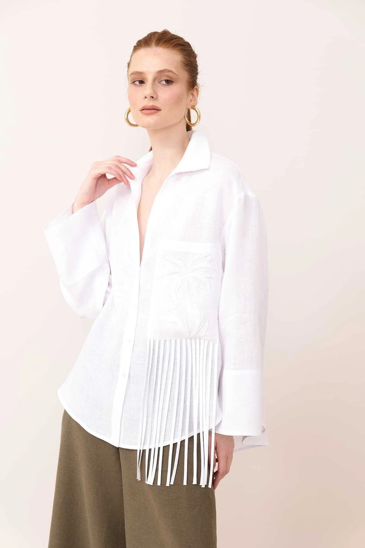 Geniş Kesim Keten Gömlek Beyaz - 1