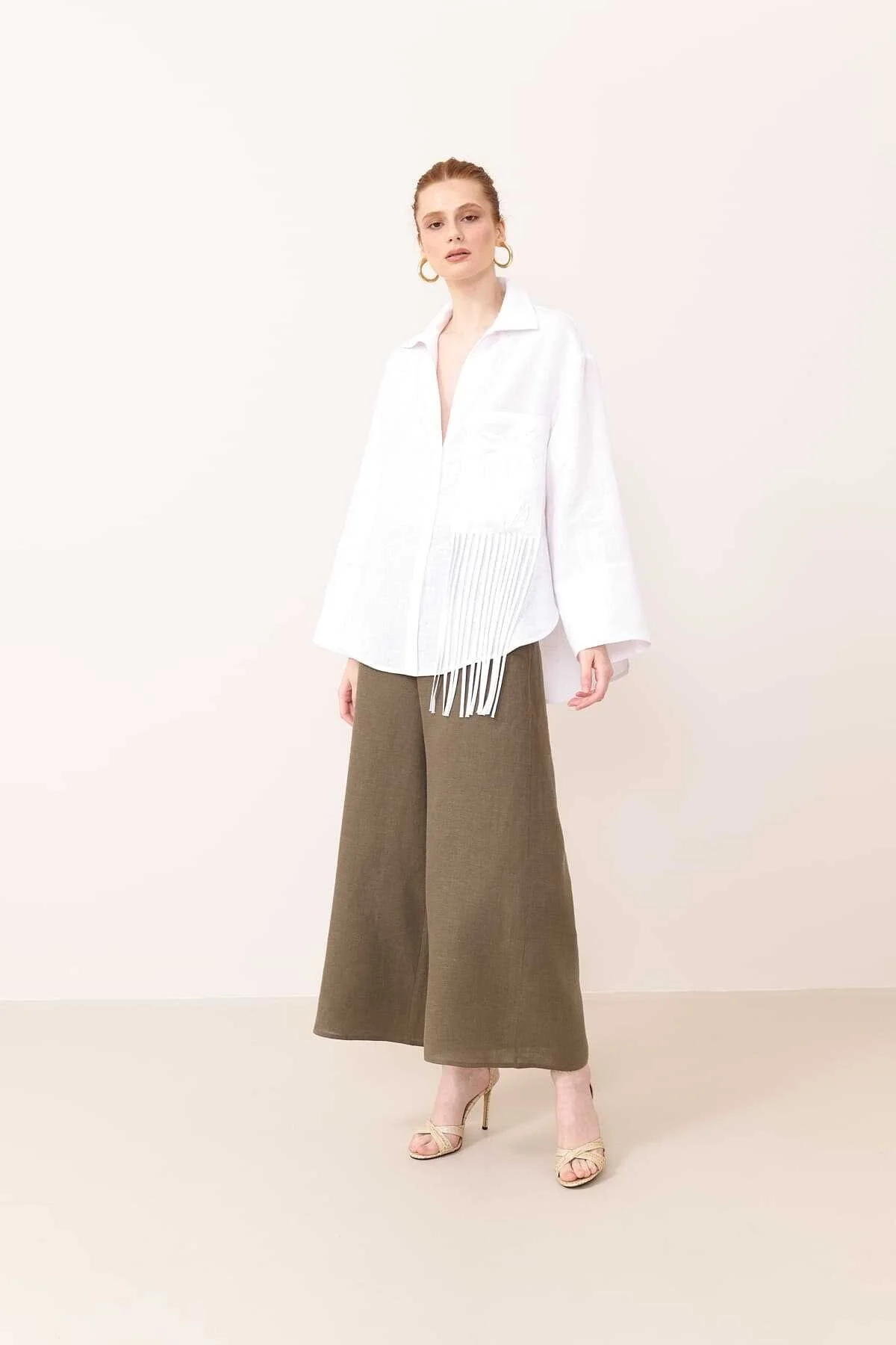 Geniş Kesim Keten Gömlek Beyaz - 3