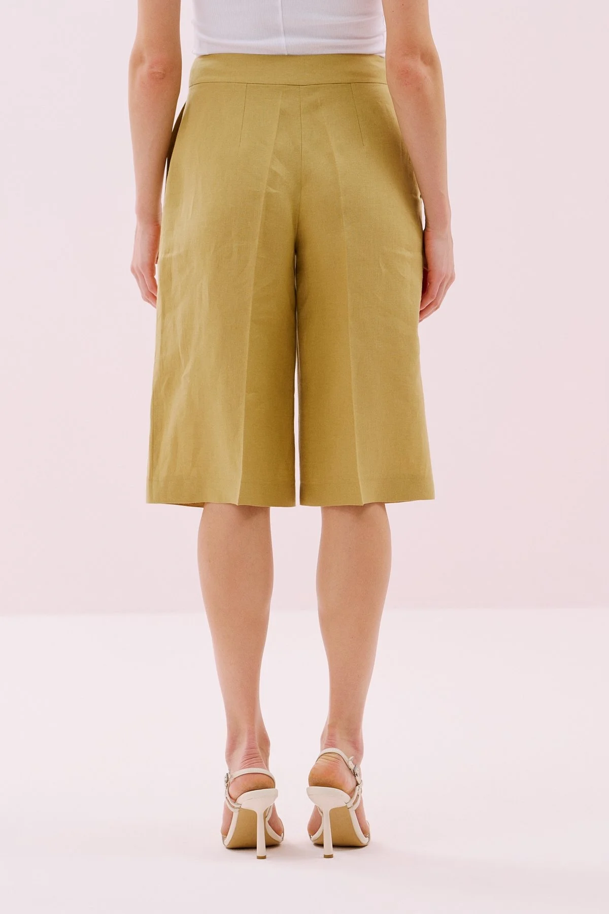 Geniş Paça Keten Bermuda Pantolon Olive - 2
