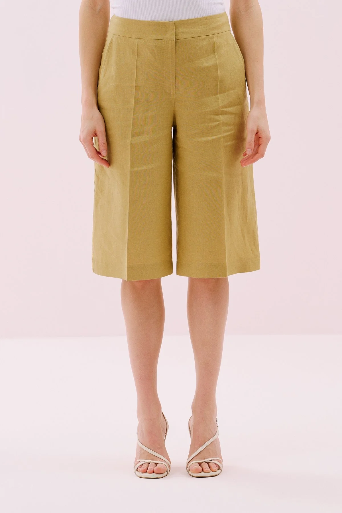 Geniş Paça Keten Bermuda Pantolon Olive - 3