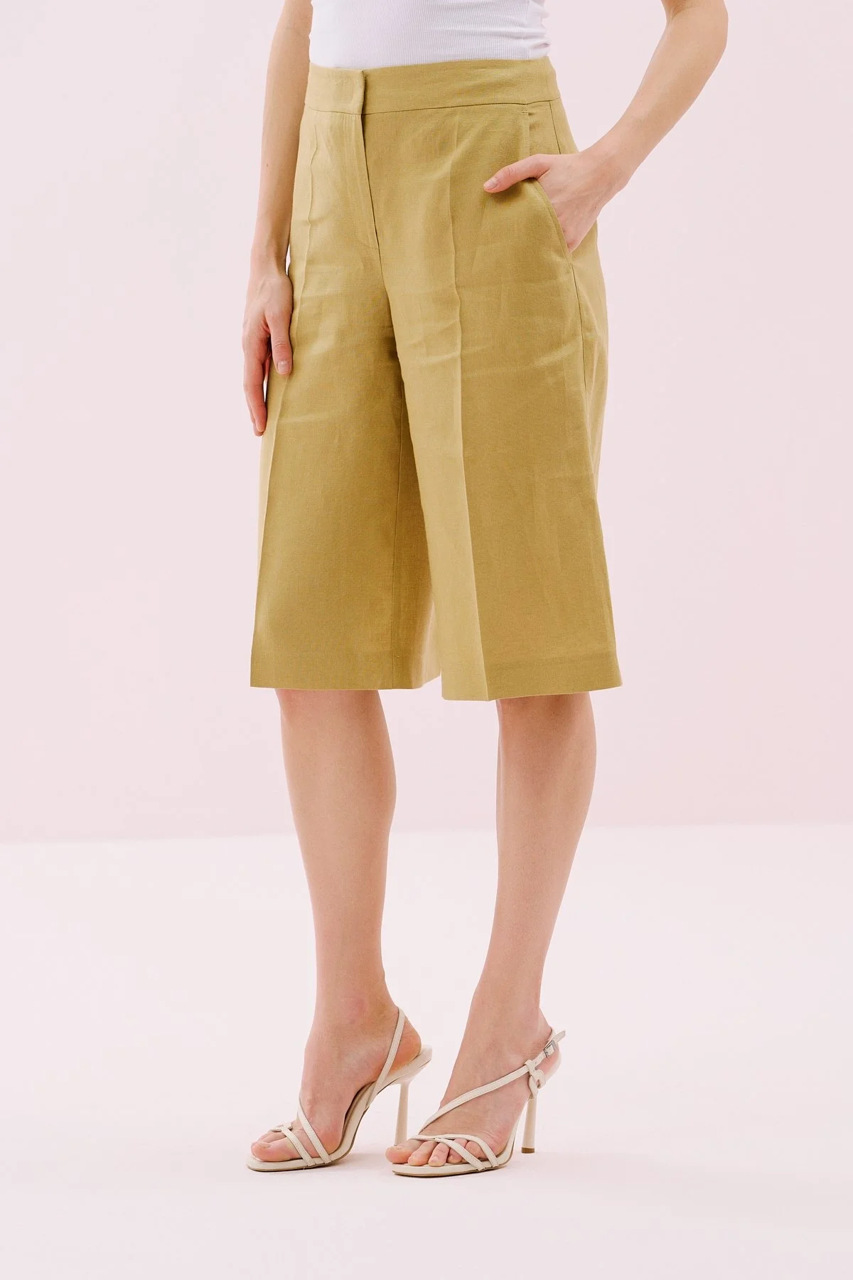 Geniş Paça Keten Bermuda Pantolon Olive - 4
