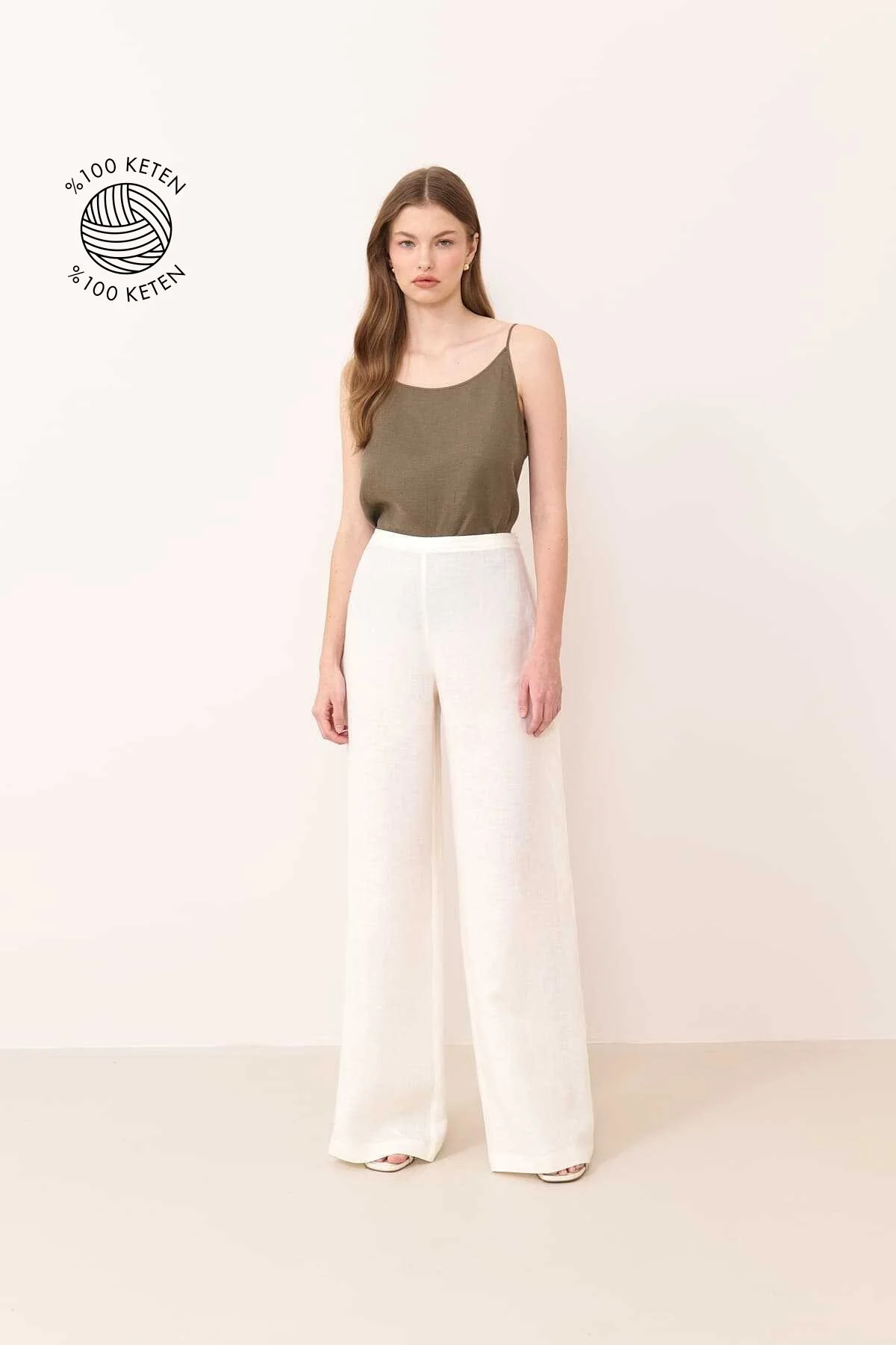 Geniş Paça Keten Pantolon Bej - 1