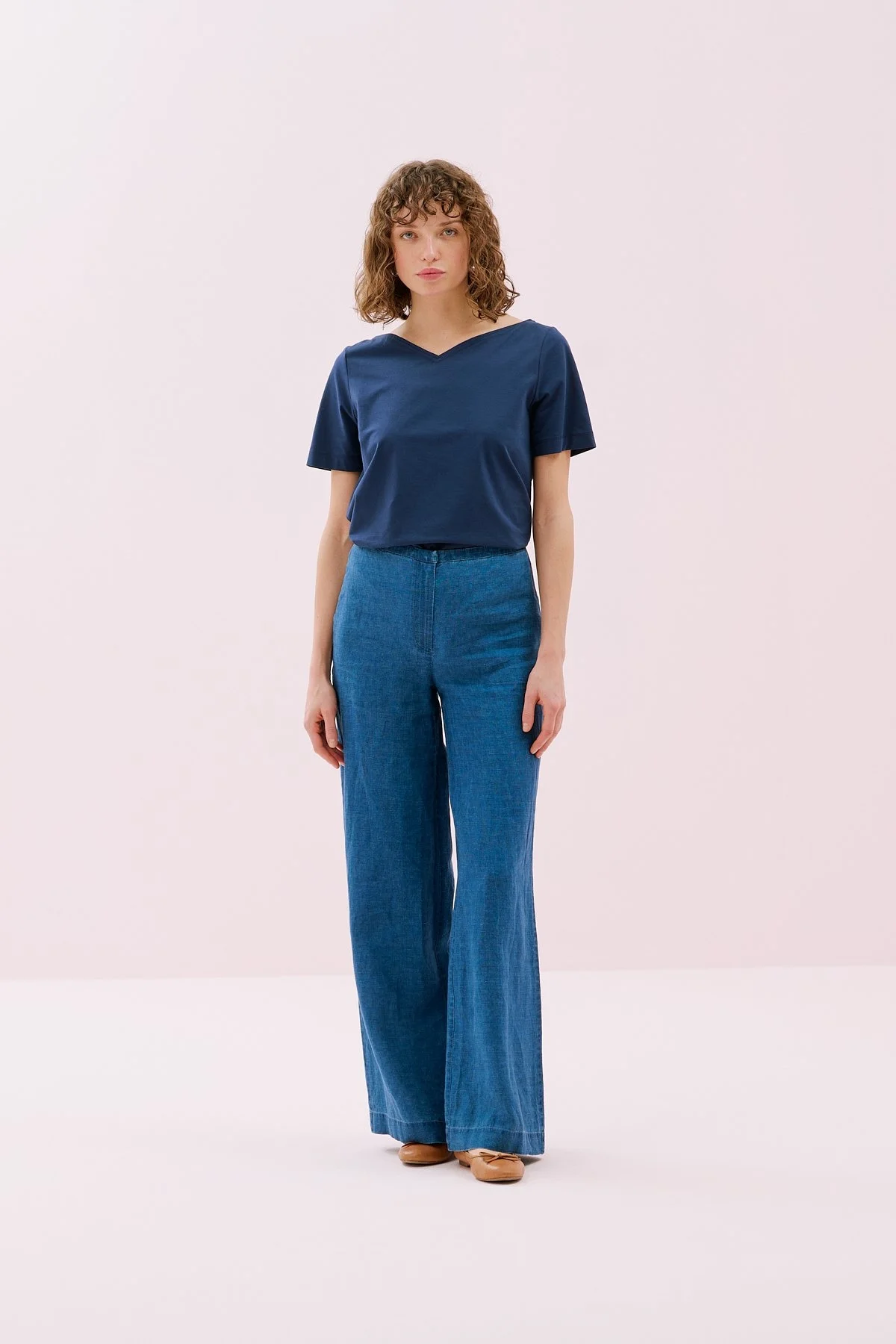 Geniş Paça Keten Pantolon İndigo - 1