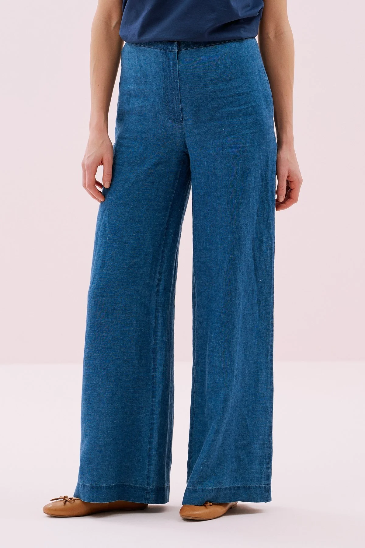 Geniş Paça Keten Pantolon İndigo - 3