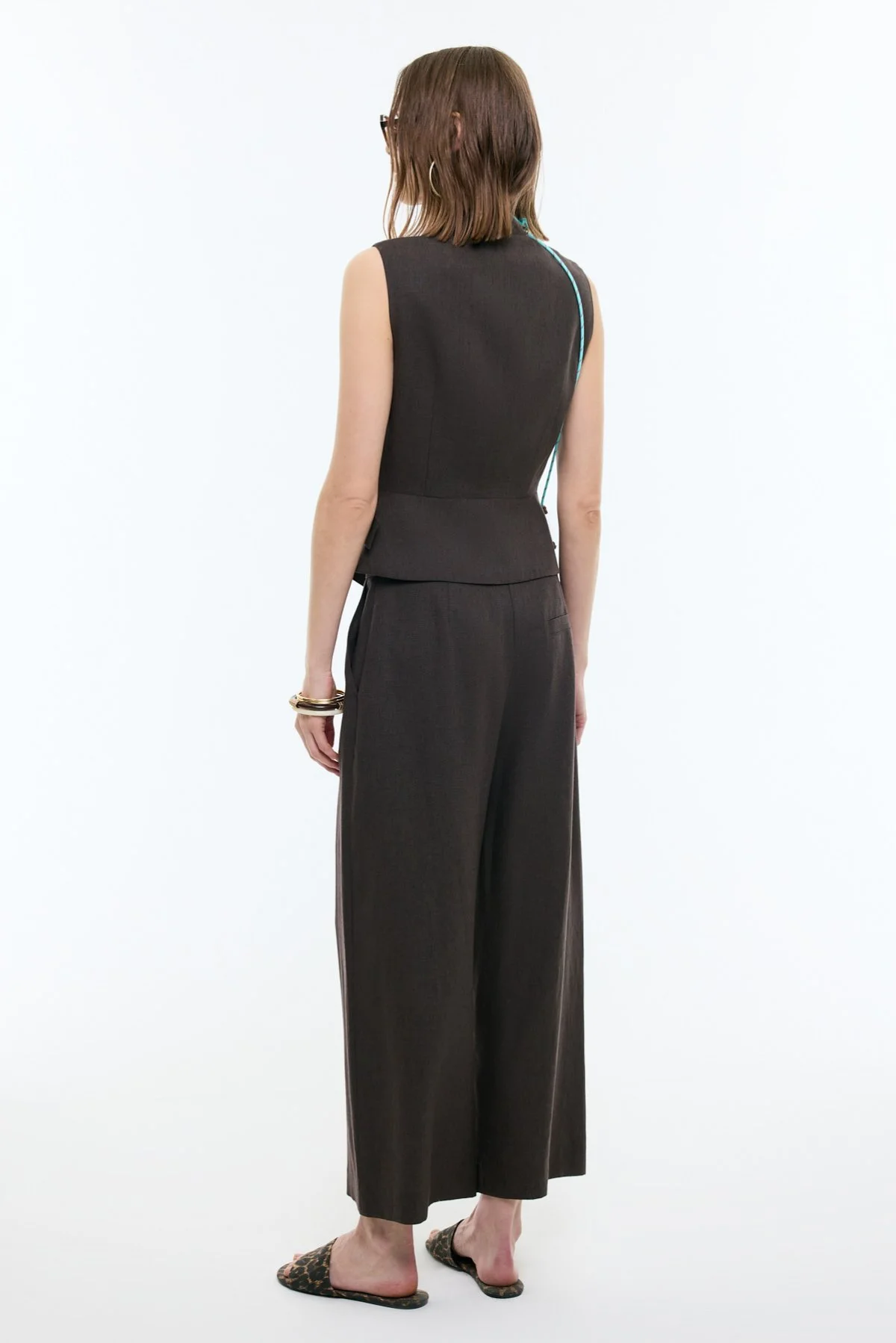 Geniş Paça Keten Pantolon Kahve - 2