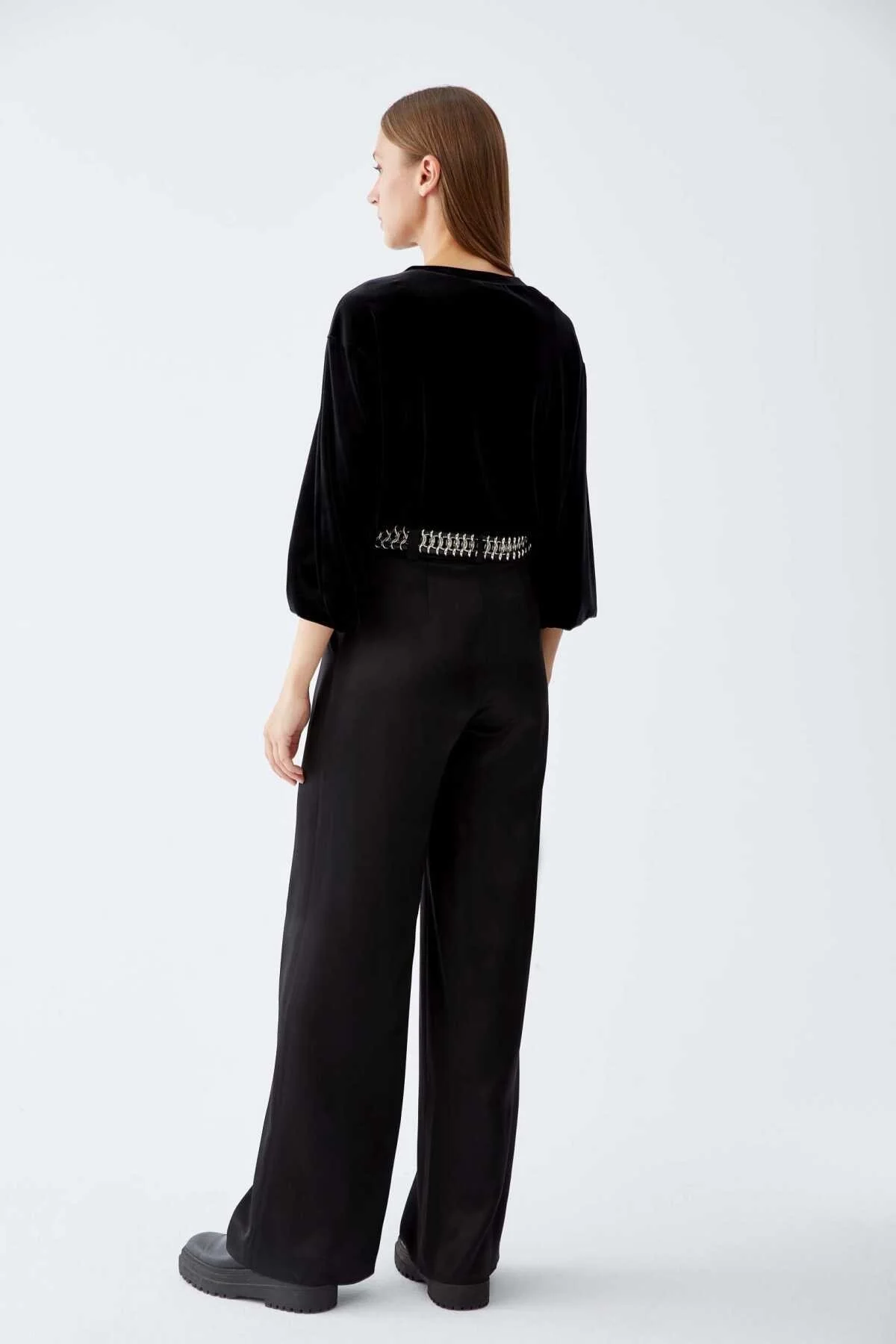  Geniş Paça Saten Kadın Pantolon Siyah - 2