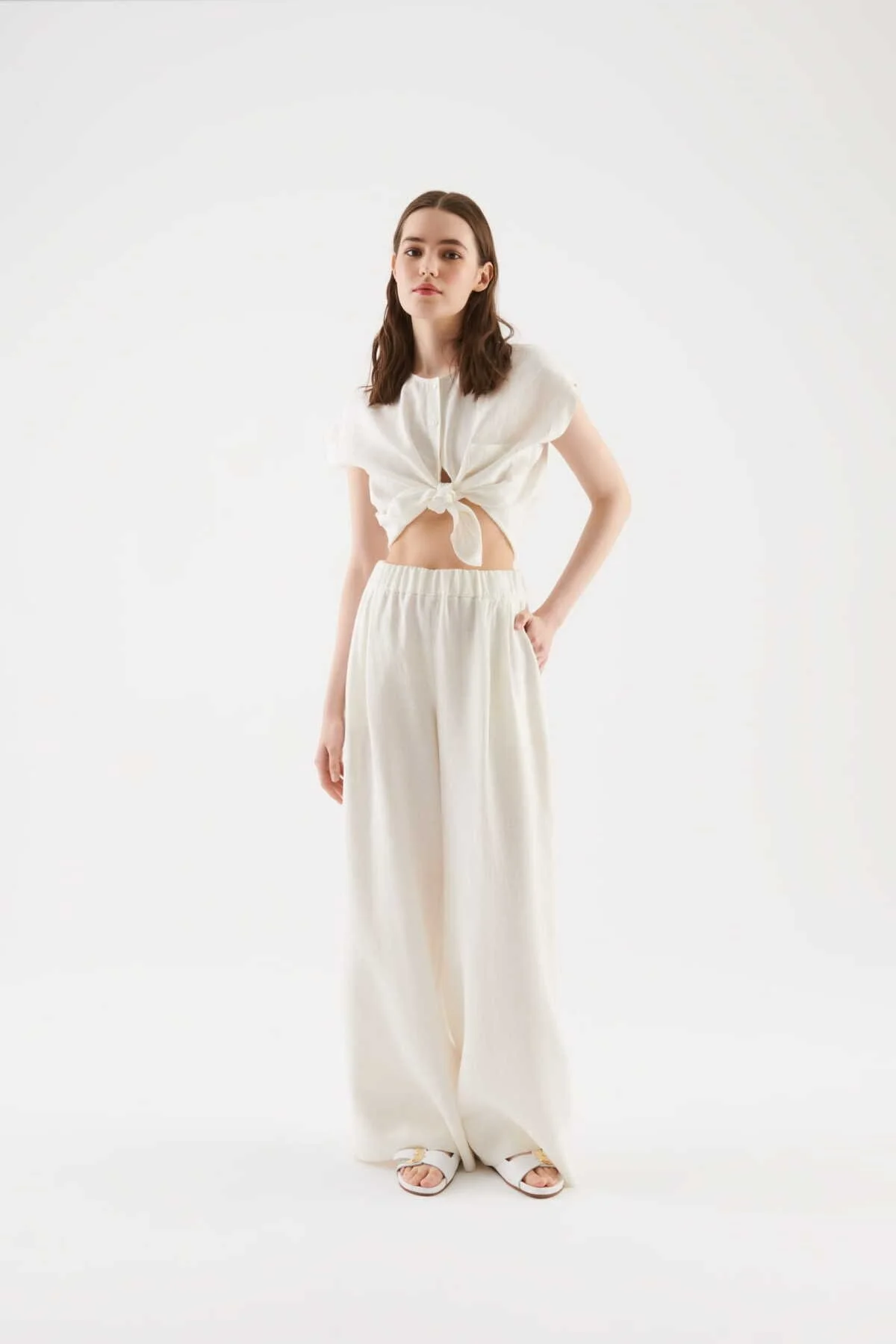 Geniş Paçalı Kadın Pantolon Kemik - 1