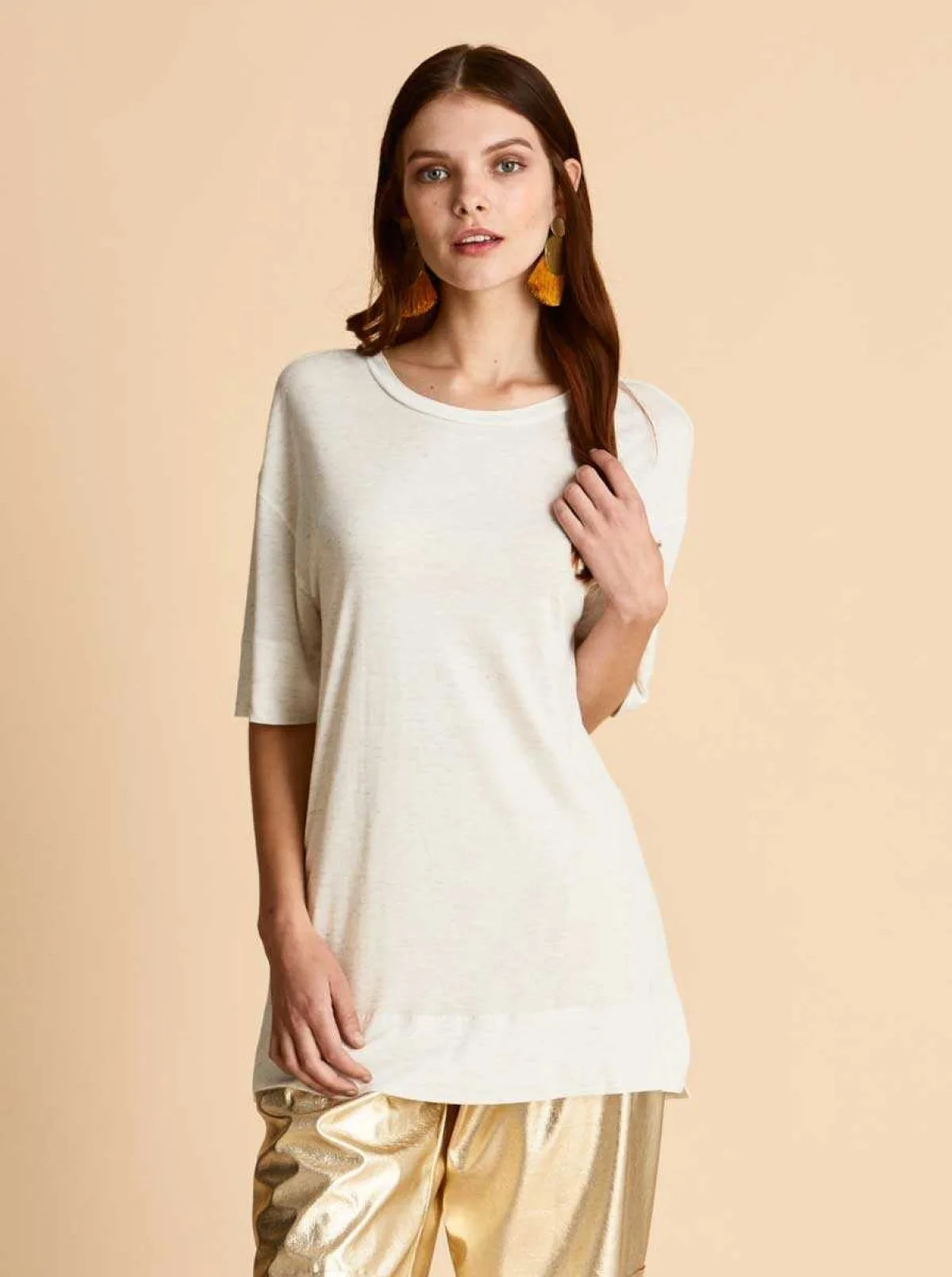 Geniş Yaka T-Shirt Kemik - 3