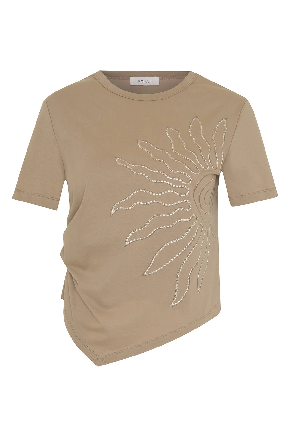 Güneş Nakışlı Asimetrik T-shirt Kahve - 4