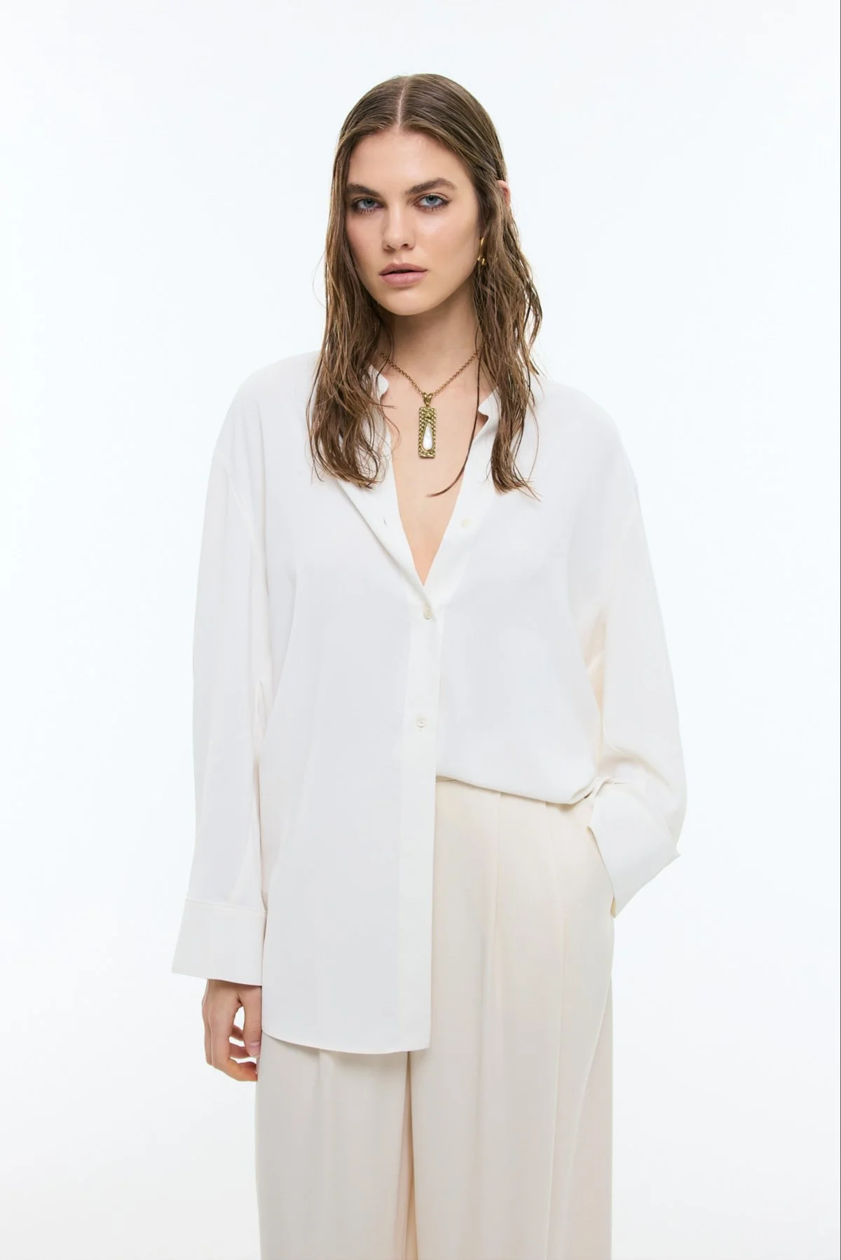 Hakim Yaka Geniş Kesim Gömlek Ekru - 1