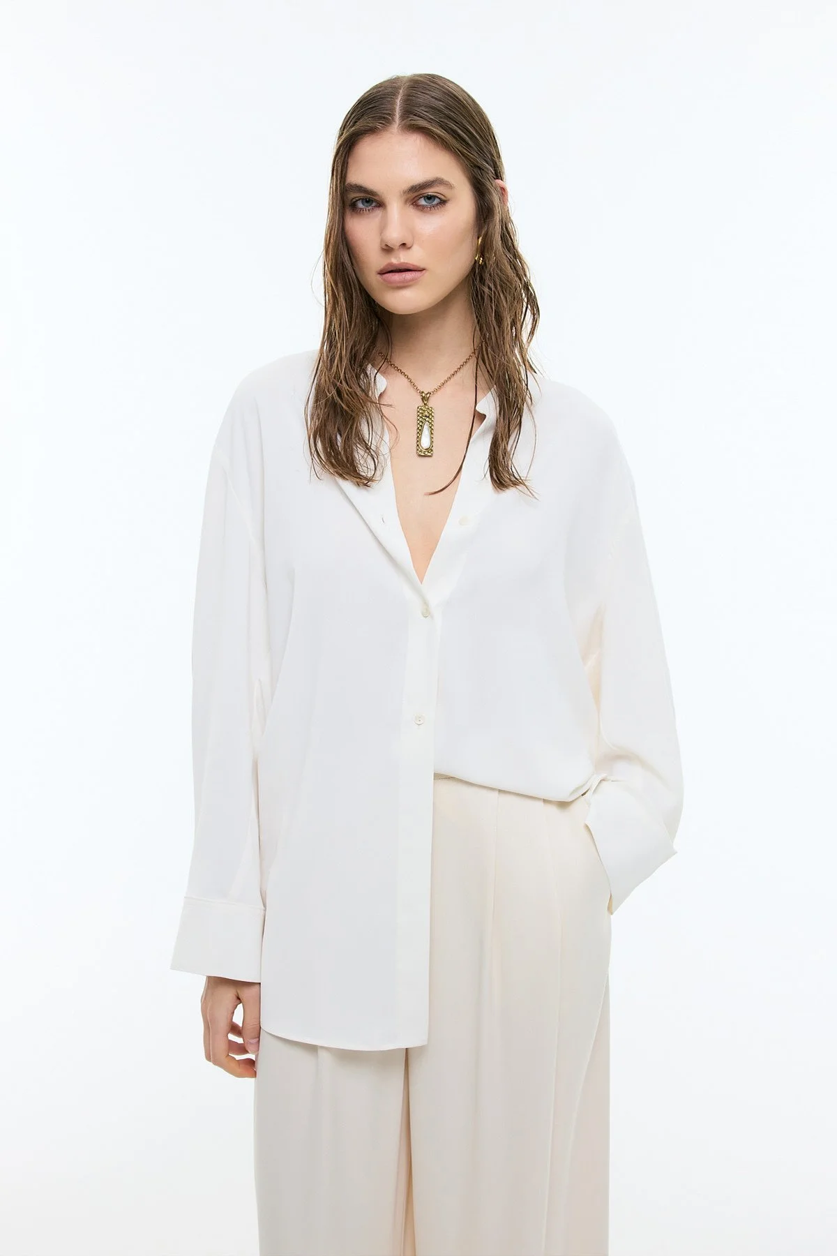 Hakim Yaka Geniş Kesim Gömlek Ekru - 1