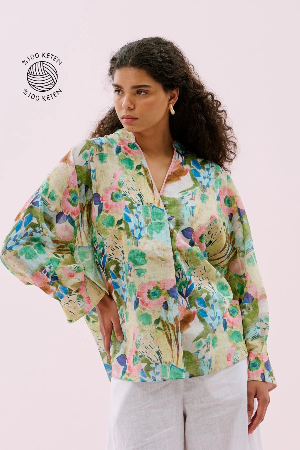 Hakim Yaka Önü Pilili Keten Bluz Standart Renk - 1