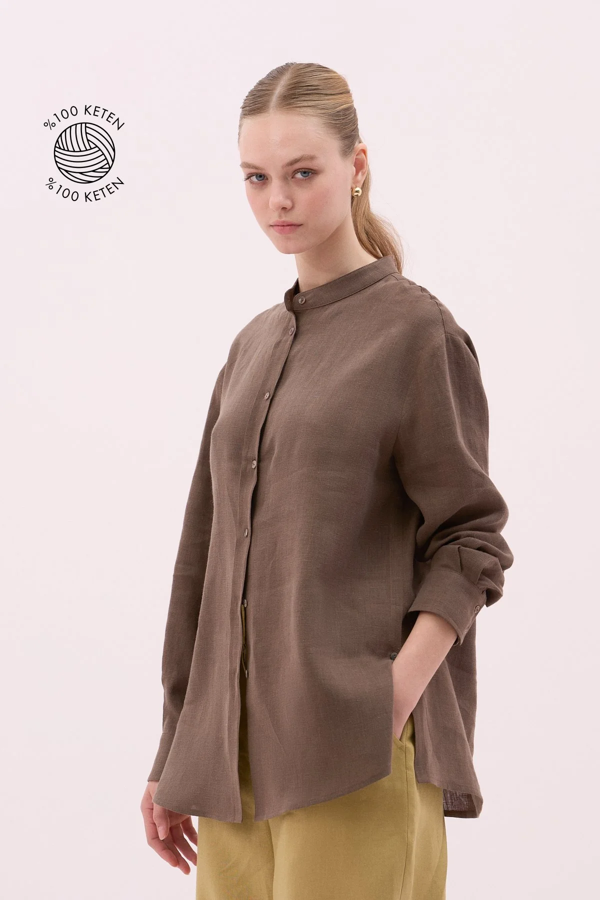 Keten Hakim Yaka Uzun Kol Gömlek Kahve - 1