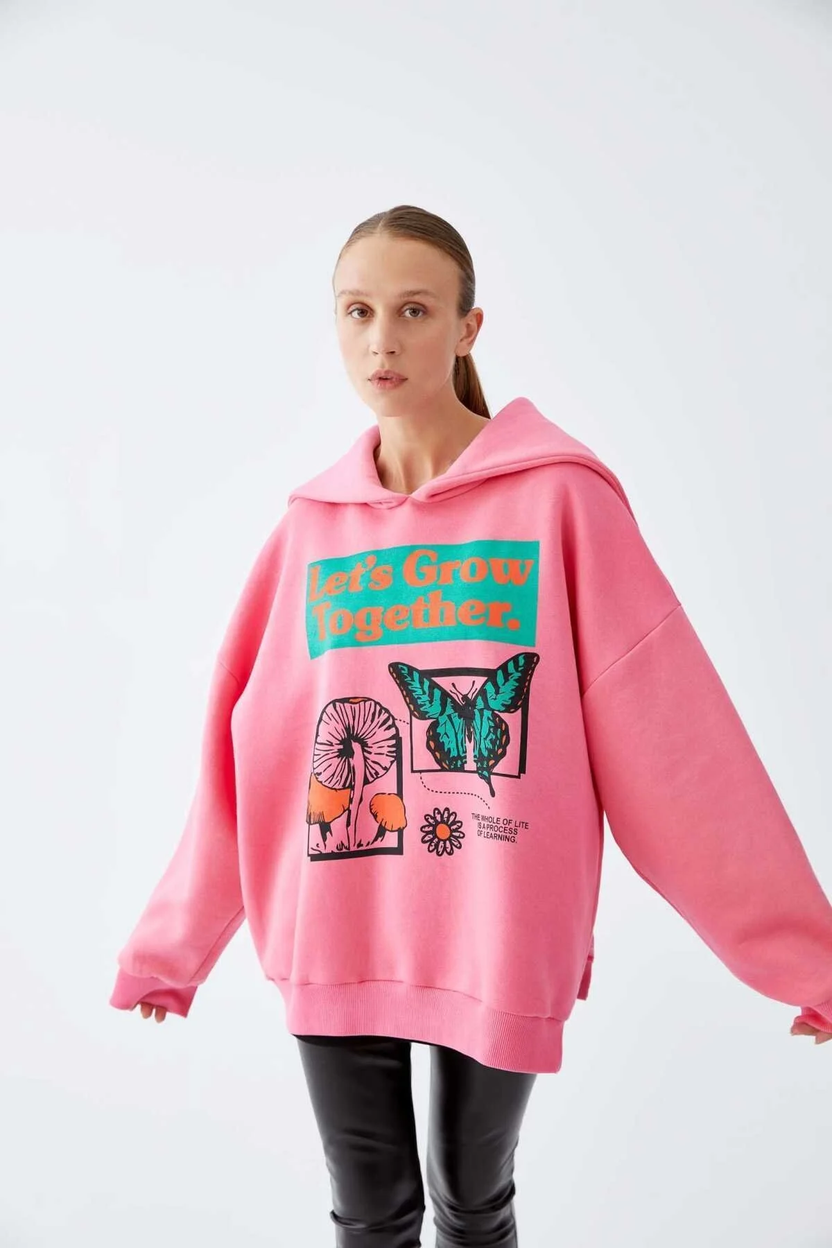  Hoodie Baskılı Kadın Sweatshirt Pembe - 1