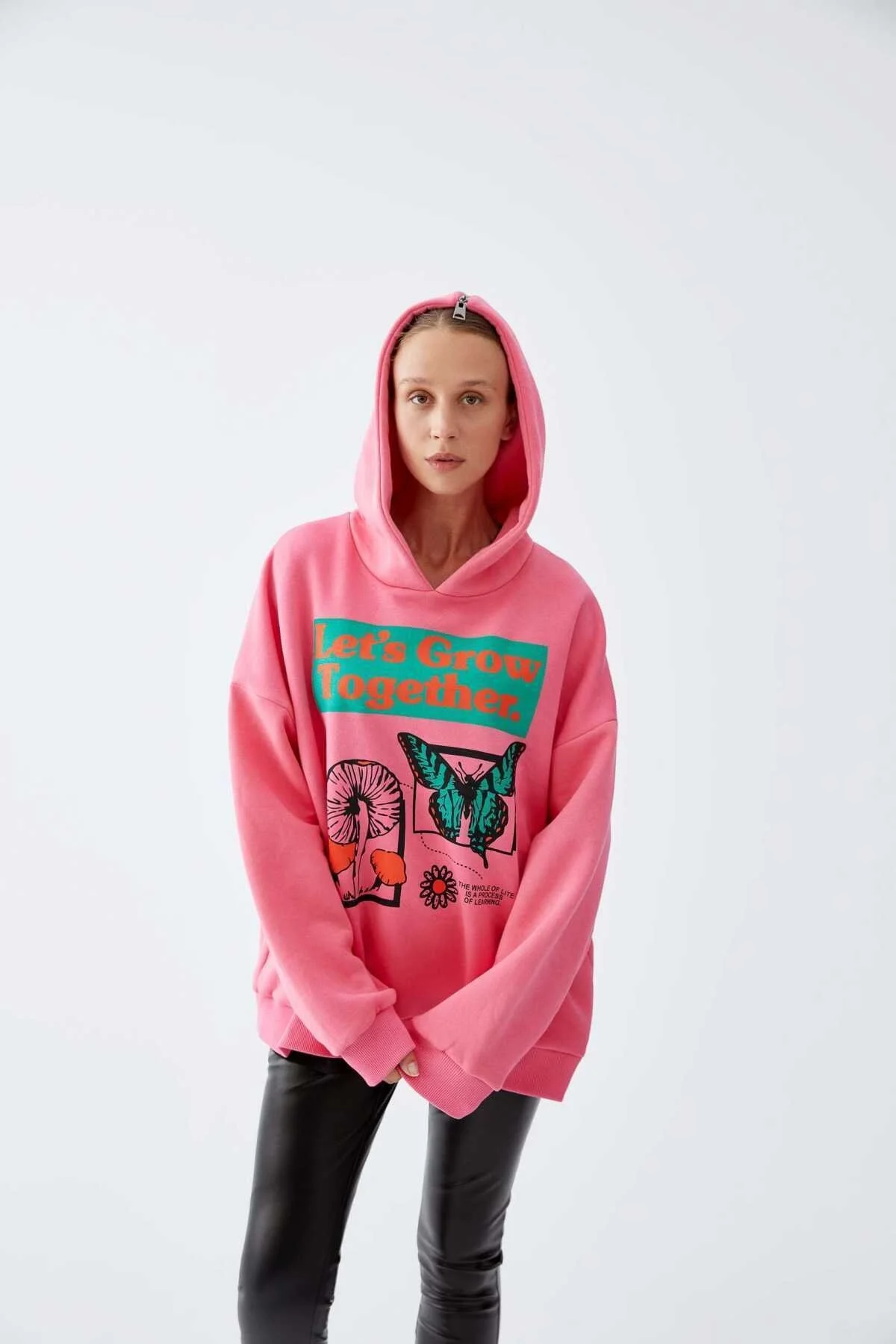  Hoodie Baskılı Kadın Sweatshirt Pembe - 3