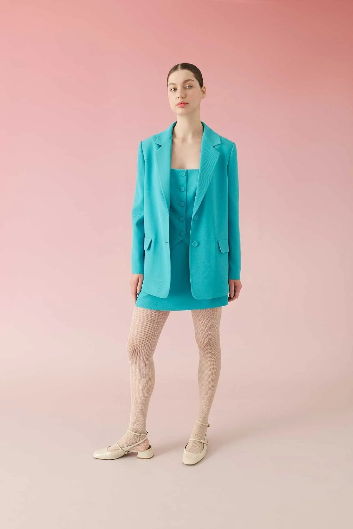 İki Düğmeli Krep Ceket Turkuaz - 5
